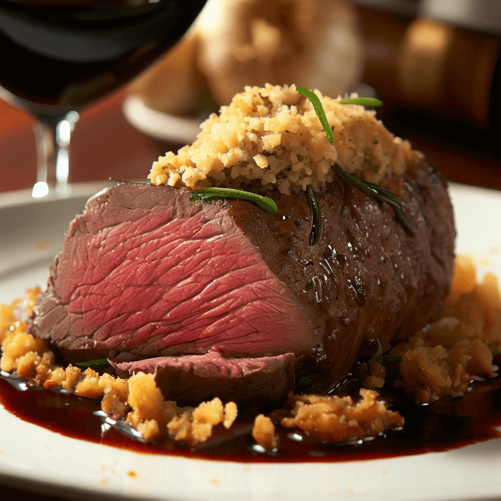 Beef Fillet with Vessalico Garlic Crust and Red Wine Sauce