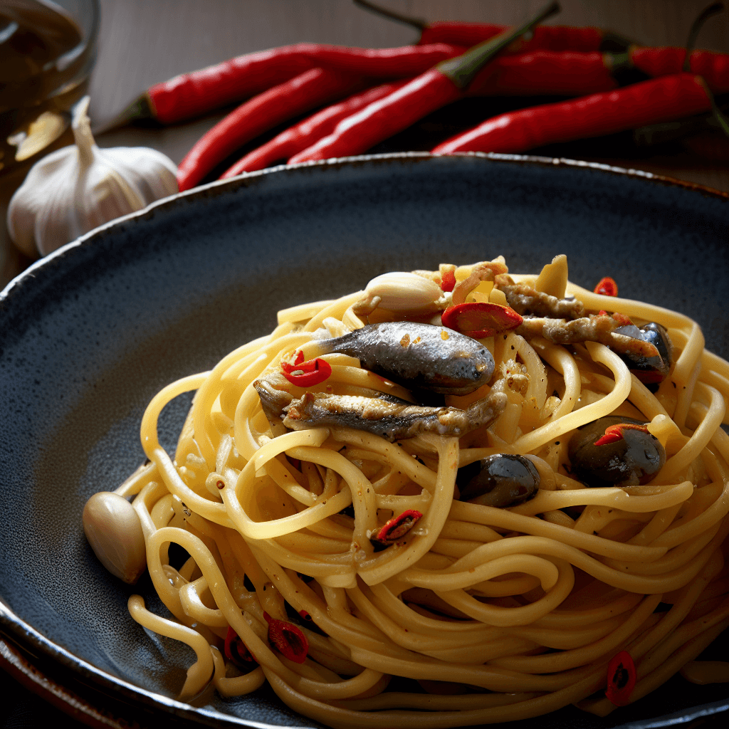Linguine à l'ail de Vessalico, anchois de la Mer Ligure, olives taggiasche et piment