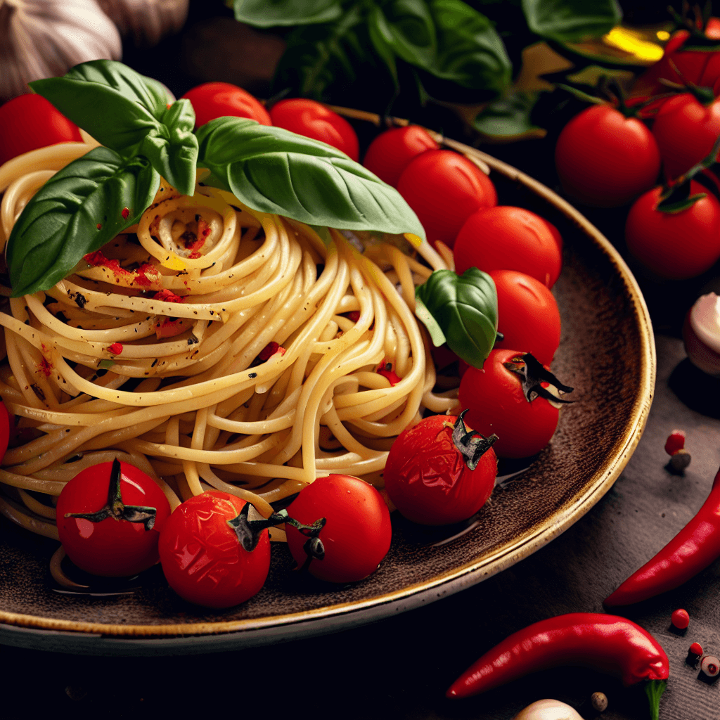 Spaghetti à l'ail de Vessalico, tomates cerises et basilic