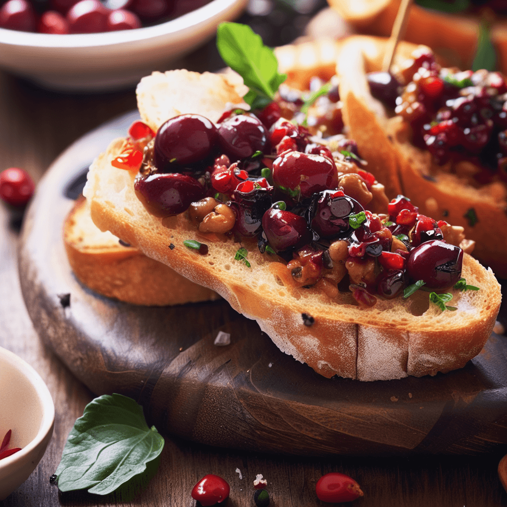 Bruschette Épicées avec Sauce aux Cerises et Myrtilles